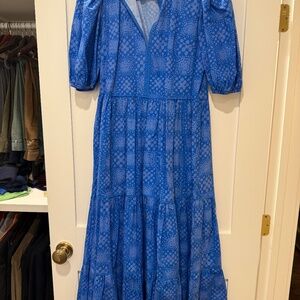 Oliphant Puff Sleeve Maxi Dress in Matrix Blue.